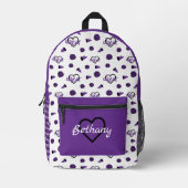 紫の応援ハート、ポンポン、メガフォンパターン プリントバックパック (正面)
