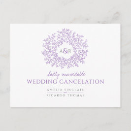 紫の手描き葉のモノグラム結婚式キャンセルカード 案内ポストカード