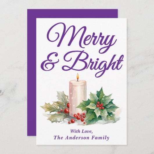 紫の手書きスクリプメリートと明るい シーズンカード (正面/裏面)