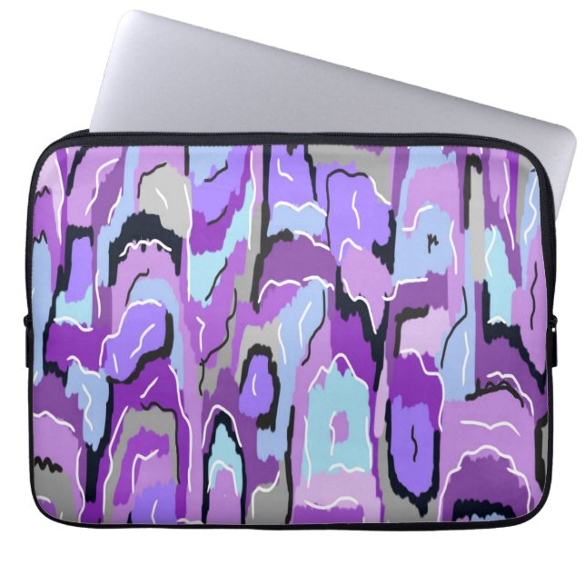 紫の抽象芸術（青と黒のアクセント） ラップトップスリーブ (正面)