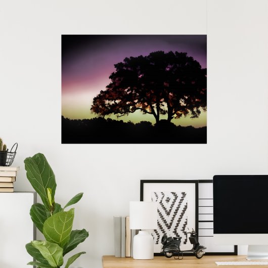 紫の日没とオークの木のシルエット ポスター (ホームオフィス)