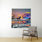 紫の日没、ユニコーン、満月のビーチ タペストリー (インサイチュ)