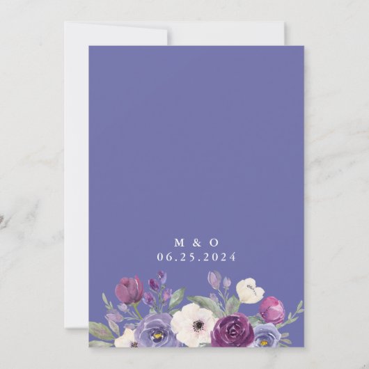 紫の明るい赤紫色水の色のフローラ日付を保存 招待状 (裏面)