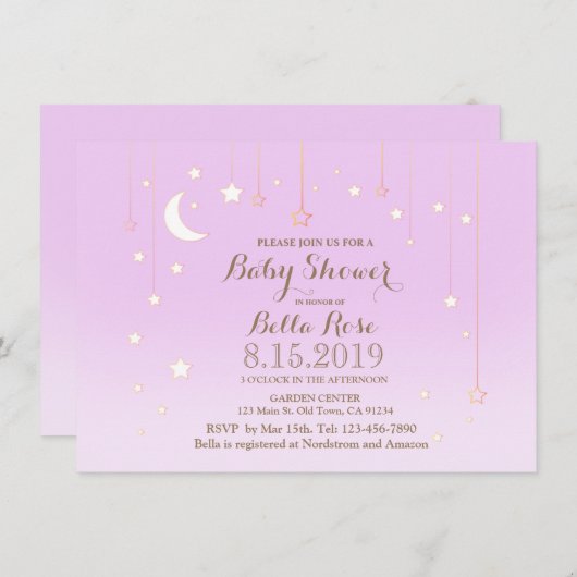 紫の星の月の赤ちゃん女の子の赤ちゃんシャワー招待 招待状 (正面/裏面)
