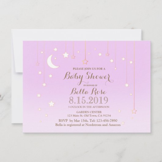 紫の星の月の赤ちゃん女の子の赤ちゃんシャワー招待 招待状 (正面)