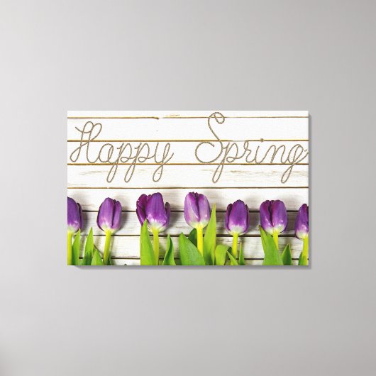 紫の春チューリップを白塗りの木材に キャンバスプリント (正面)