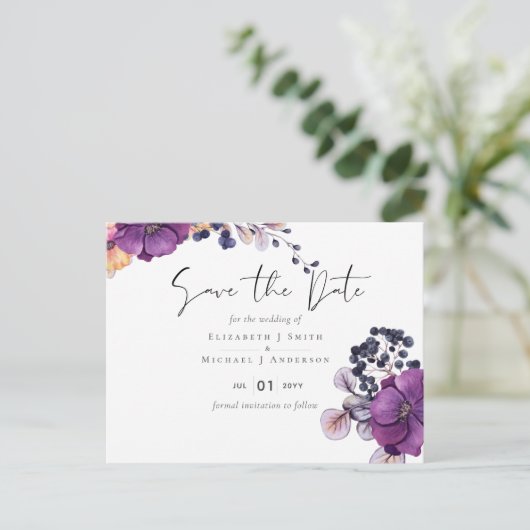 紫の暗いフローラ結婚予算の救日付 ポストカード (スタンド正面)