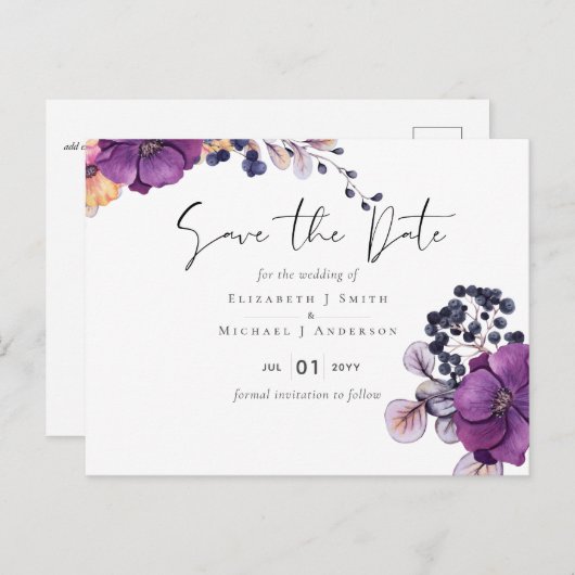 紫の暗いフローラ結婚予算の救日付 ポストカード (正面/裏面)