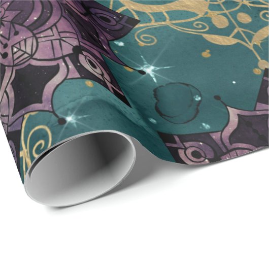 紫の曼荼羅と蝶々オンティール(緑がかった色)ナイトスカイ ラッピングペーパー (ロールコーナー)