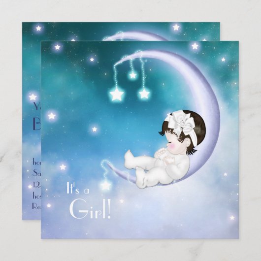 紫の月の赤ちゃん女の子シャワー 招待状 (正面/裏面)