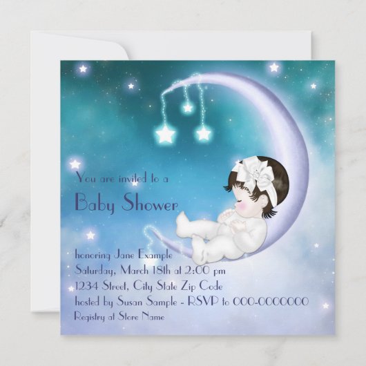 紫の月の赤ちゃん女の子シャワー 招待状 (裏面)