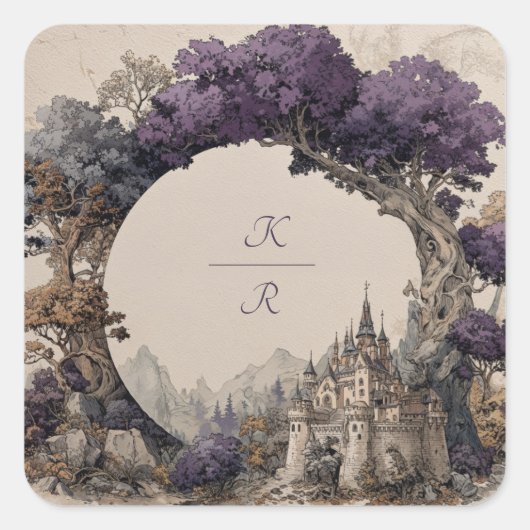 紫の木のアーチ型の城のイラスト ウェディング スクエアシール (正面)