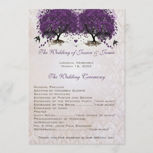 紫の木のヴィンテージ愛の鳥ダマスクウェディング プログラム (正面)