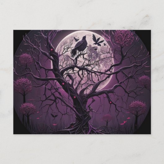 紫の木の黒い鳥フルムーンハロウィーン シーズンポストカード (正面)