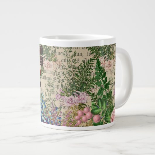 紫の果実とバラオンニュースプリントEphemera ジャンボコーヒーマグカップ (正面右)