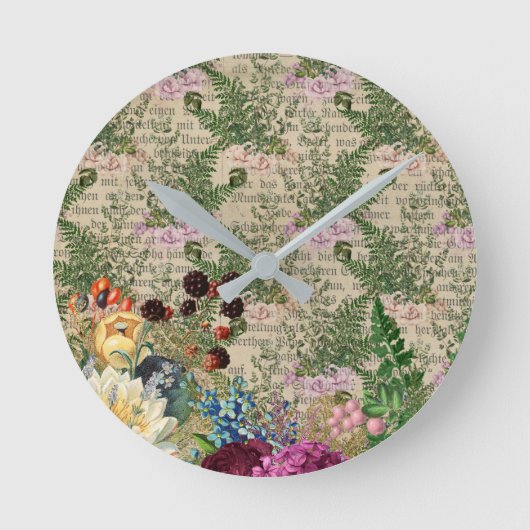 紫の果実とバラオンニュースプリントEphemera ラウンド壁時計 (正面)