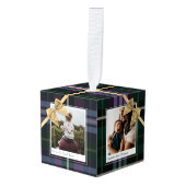 紫の格子柄の贈り物包まれた&弓のプレゼント写真 キューブオーナメント (正面アングル)