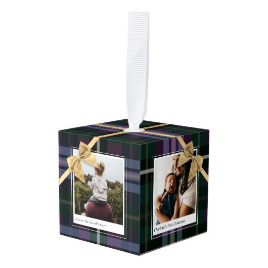 紫の格子柄の贈り物包まれた&弓のプレゼント写真 キューブオーナメント (正面アングル)
