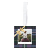 紫の格子柄の贈り物包まれた&弓のプレゼント写真 キューブオーナメント (正面)