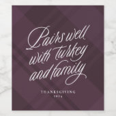 紫の格子模様の感謝祭とおもしろいよくペア ワインラベル (シングルラベル)