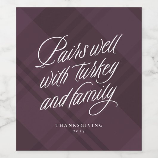 紫の格子模様の感謝祭とおもしろいよくペア ワインラベル (シングルラベル)