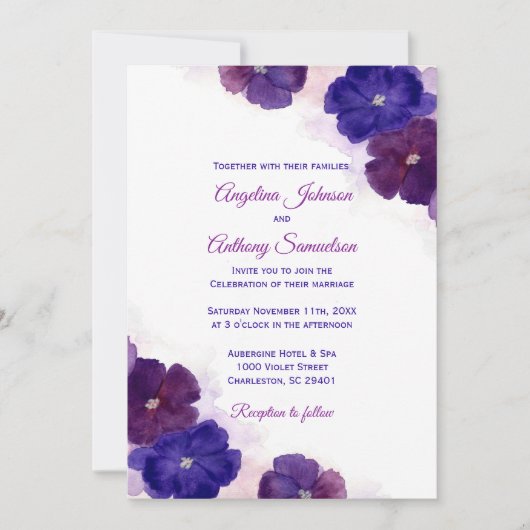 紫の梅王室の青の水色のフローラ結婚 招待状 (正面)