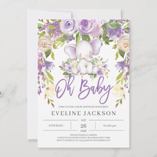 紫の植物と可愛いゾウの赤ちゃんシャワー 招待状 (正面)