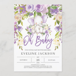 紫の植物と可愛いゾウの赤ちゃんシャワー 招待状