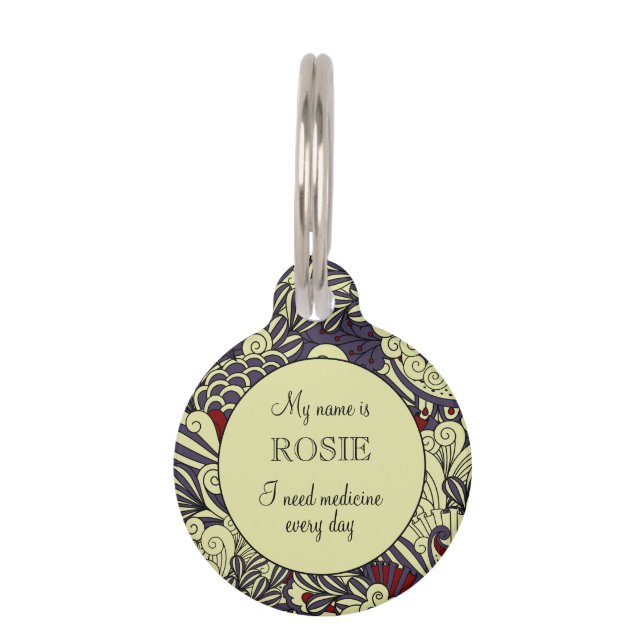 紫の植物模パーソナライズされた様（小） ペット　ネームタグ (正面)