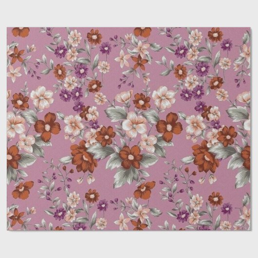 紫の模様に赤とピンクの花 ラッピングペーパー (フラット)