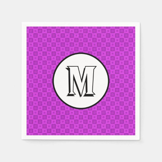 紫の模様のモノグラムの円と正方形 スタンダードカクテルナプキン (正面)