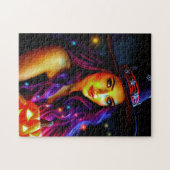 紫の毛を持つハロウィーンの良い魔女 ジグソーパズル (横)