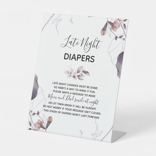 紫の水彩の花ベビーシャワーおむつサイン 台座サイン (正面)