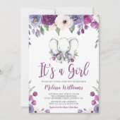 紫の水彩フローラエレファントガールベビーシャワー 招待状 (正面)