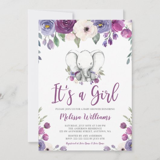 紫の水彩フローラエレファントガールベビーシャワー 招待状 (正面)
