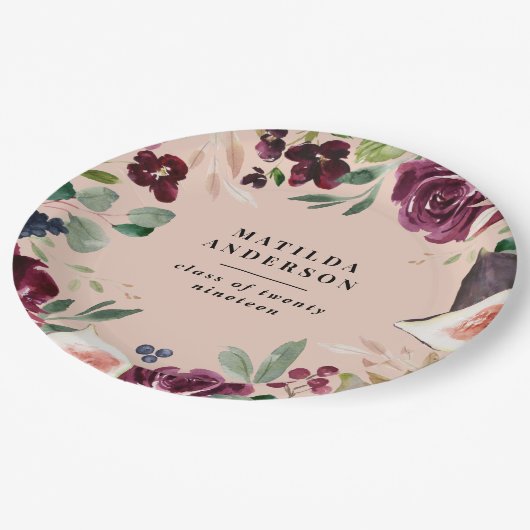 紫の水彩フローラ+スクリプト卒業日 ペーパープレート (アングル)