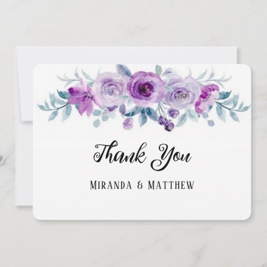 紫の水彩牡丹結婚のサンキューカード 招待状 (正面)