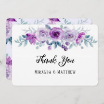 紫の水彩牡丹結婚のサンキューカード