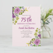 紫の水彩花と緑の蔓の75歳の誕生日 招待状 (スタンド正面)