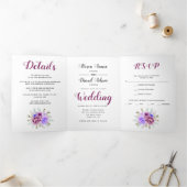 紫の水彩花の花卉写真 ウェディング 三つ折り招待状 (内部)