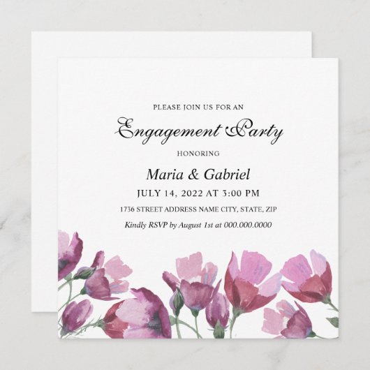 紫の水彩花フローラ婚約パーティ 招待状 (正面/裏面)