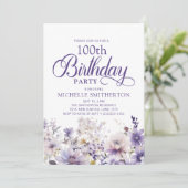 紫の水彩花柄 100歳の誕生日 招待状 (スタンド正面)