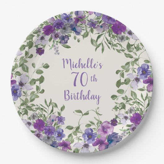紫の水彩花柄 70歳の誕生日 ペーパープレート (正面)