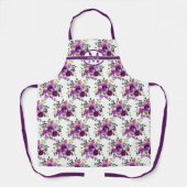 紫の水彩花模様モノグラム|名前 エプロン (正面)