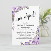 紫の水彩花 私たちはこっそりと逃げた タイポグラフィ 招待状 (スタンド正面)