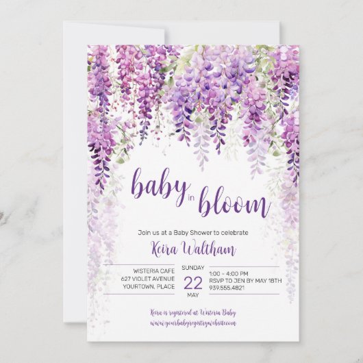 紫の水彩藤の赤ちゃんシャワー 招待状 (正面)
