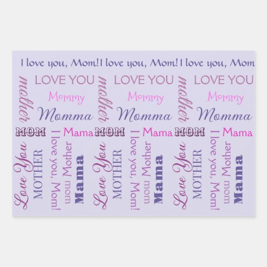 紫の水玉模様の花と母のワードアート ラッピングペーパーシート (正面2)