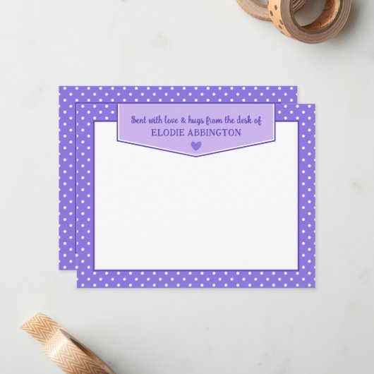 紫の水玉模様ハートを愛と抱擁で送信 ノートカード (正面/裏面インサイチュ)