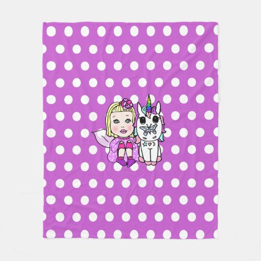 紫の水玉模様ユニコーンと妖精の毛布 フリースブランケット (正面)