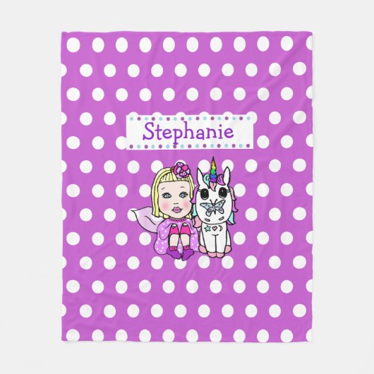 紫の水玉模様ユニコーンと妖精の毛布 フリースブランケット (正面)
